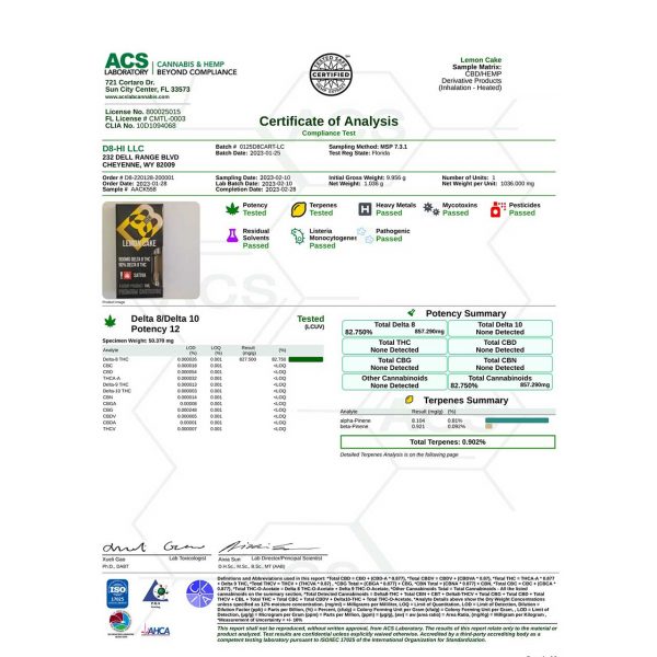 D8-HI Delta 8 Vape Cartridge | 1g - Lemon Cake