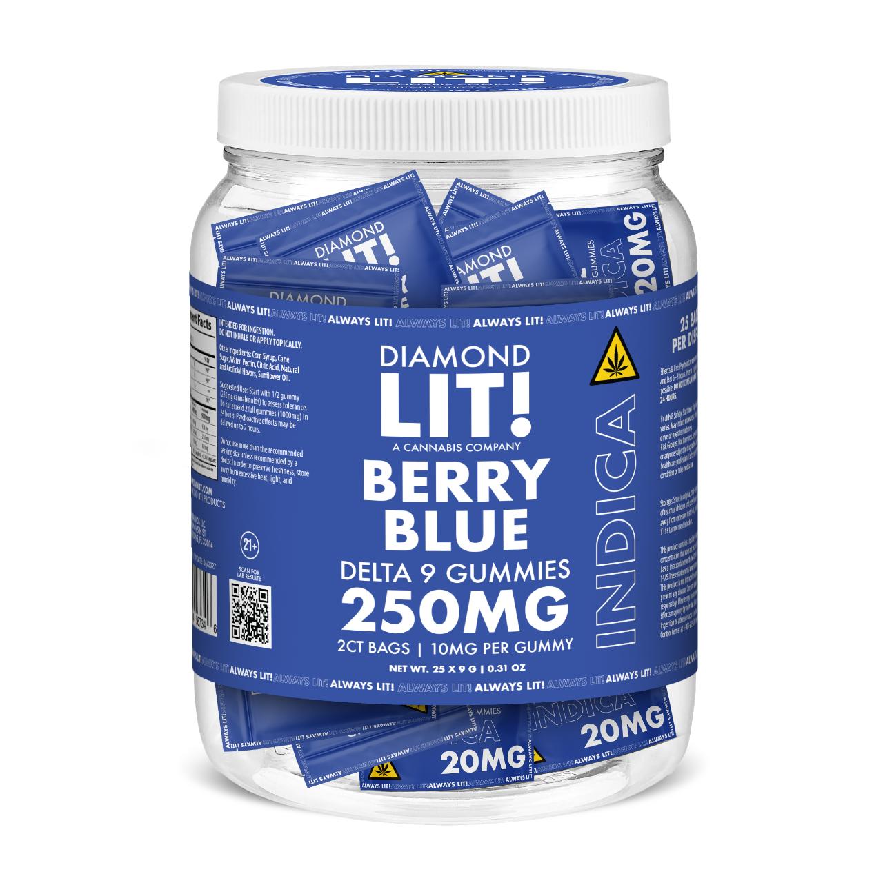 LIT THC D9 Gummies Jar 2PK-25CT berry blue indica