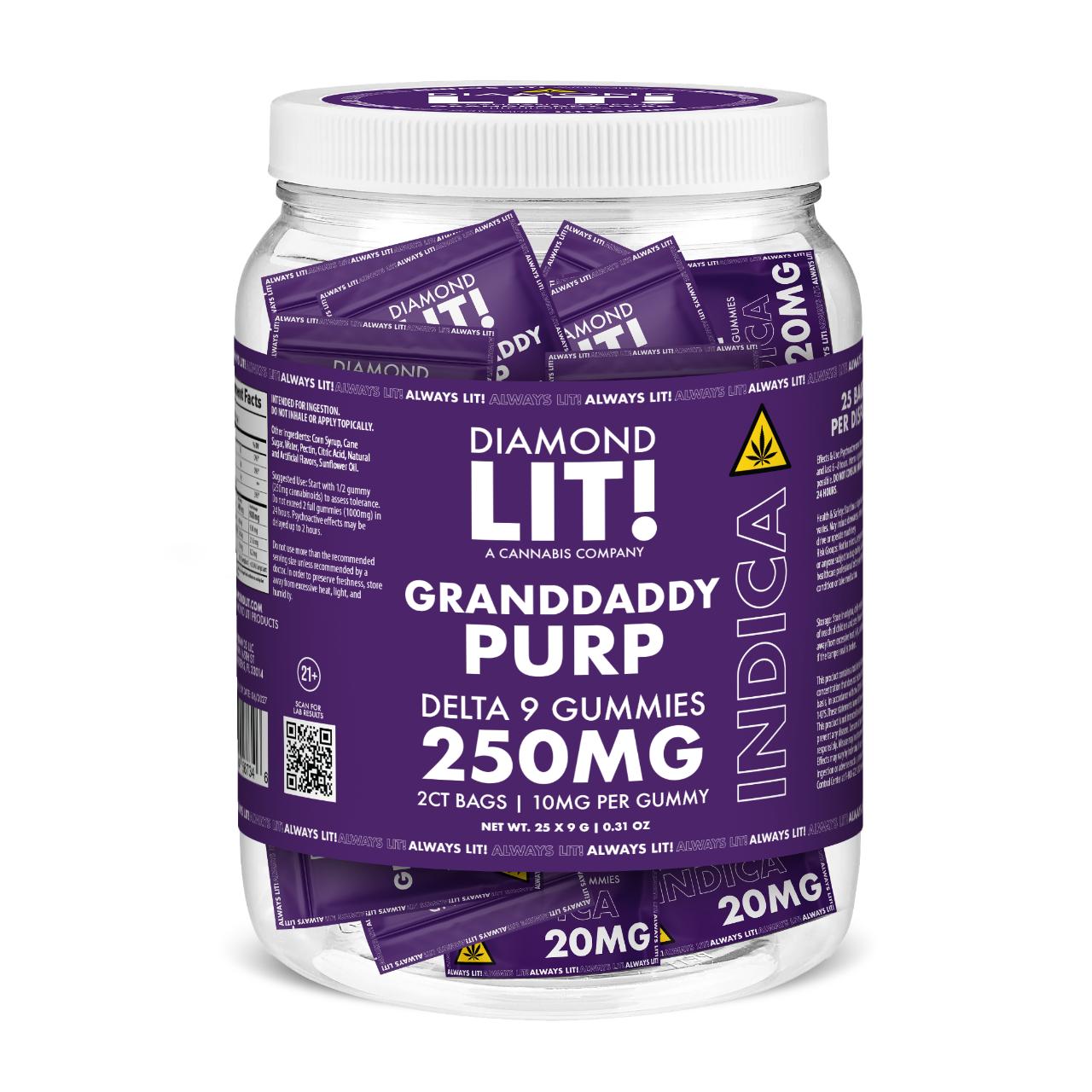 LIT THC D9 Gummies Jar 2PK-25CT Grandaddy Purple Indica