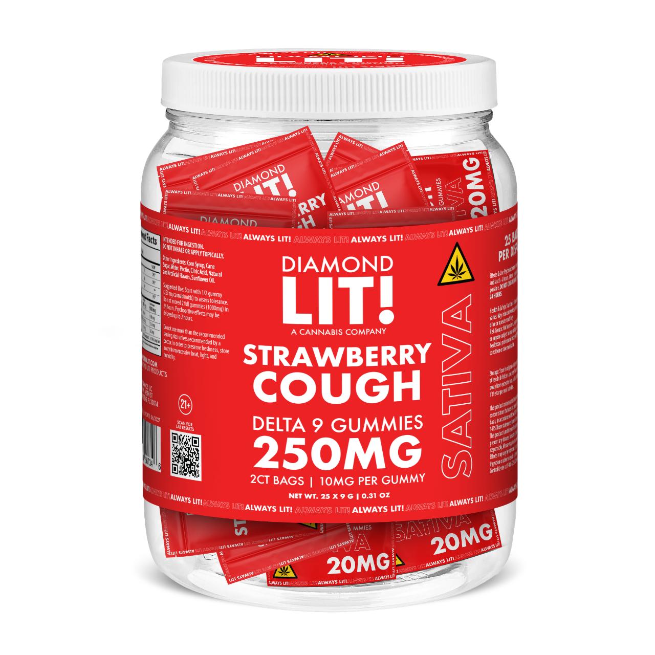 LIT THC D9 Gummies Jar 2PK-25CT strawberry cough sativa