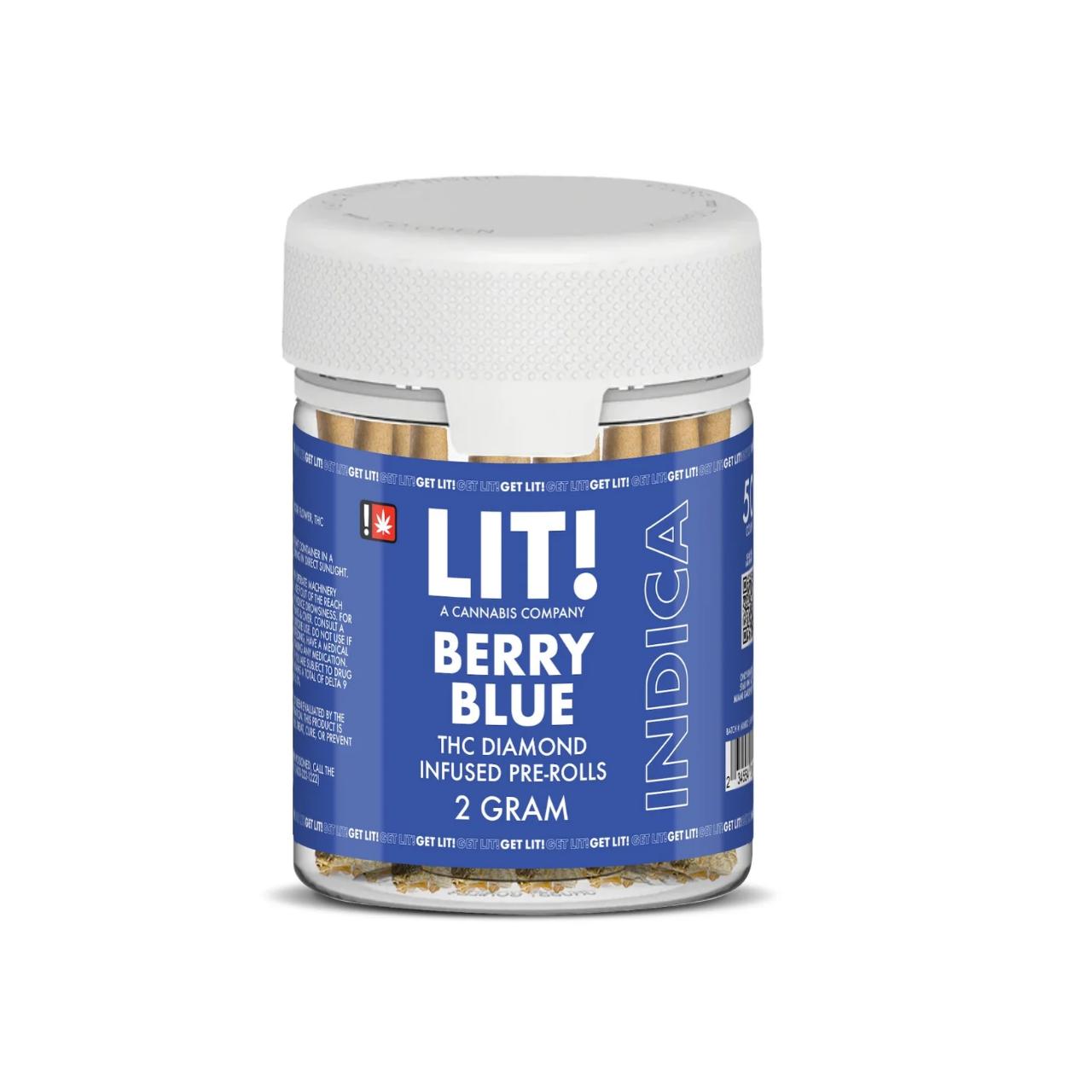 LIT THC Diamond Infused Prerolls Joint Jar 50CT Berry Blue Indica