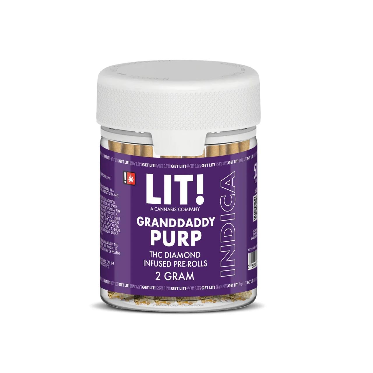 LIT THC Diamond Infused Prerolls Joint Jar 50CT Grandaddy Purple Indica